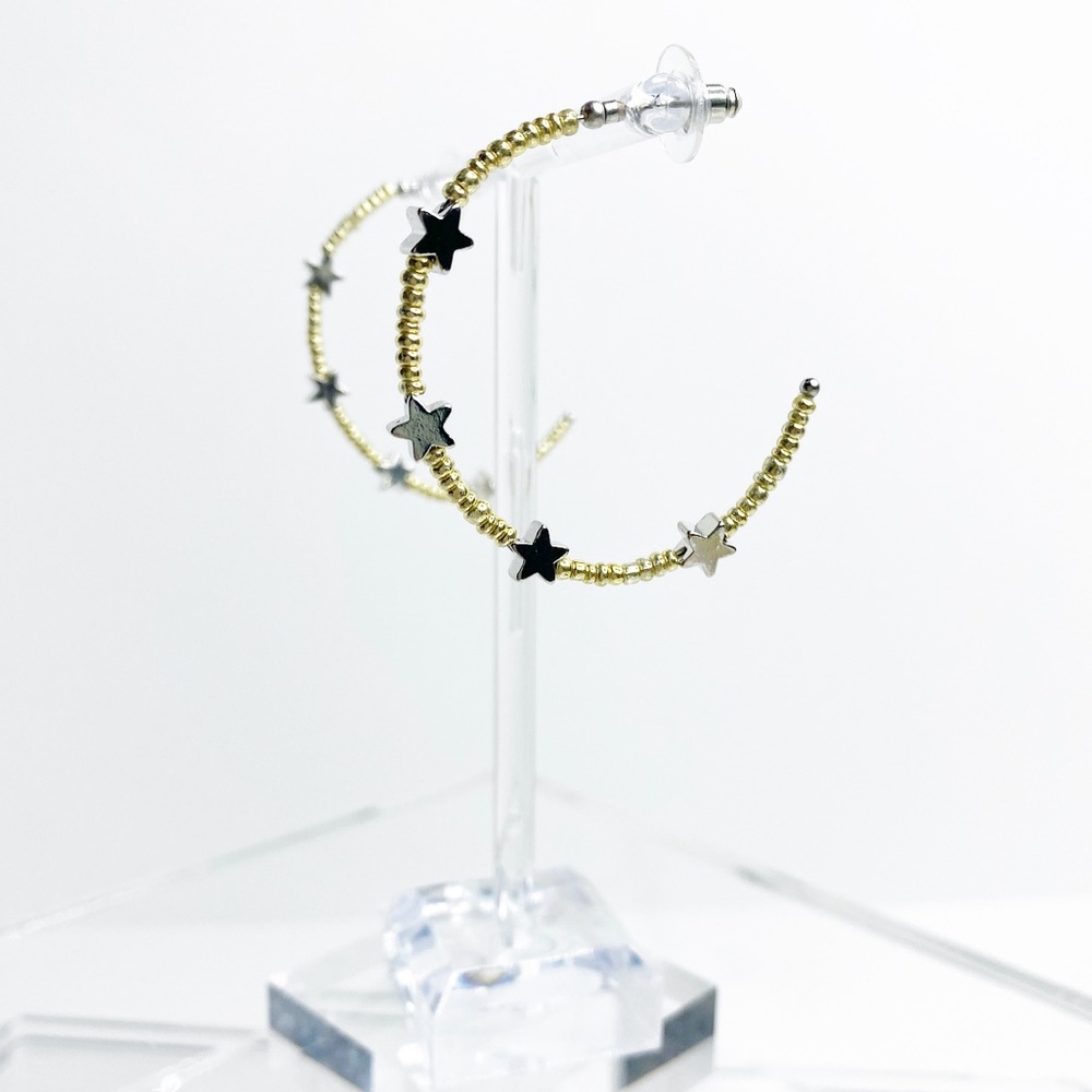Gold Bead Silver Star Hoop Earrings